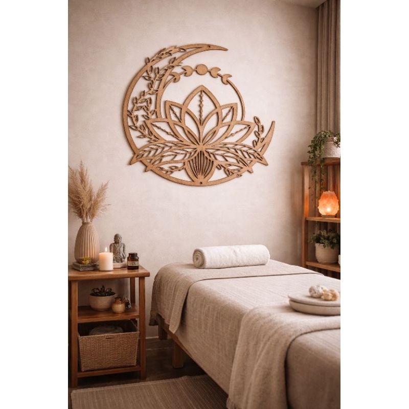 Mandala Flor de Lótus com Lua em MDF – Painel Decorativo Vazado | Decoração de Parede Espiritual | Artesanato