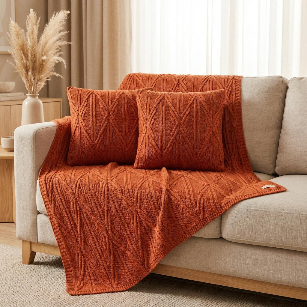 Kit Manta Sofa Trico Decorativa 150x90cm +2 Capa Almofada c2