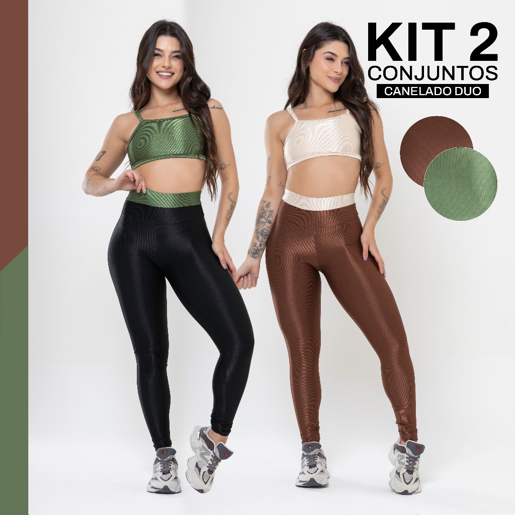 Kit 2 Conjuntos Fitness De Academia Duo Canelado Brilhoso Legging Alta Compressão em Oferta na Shopee