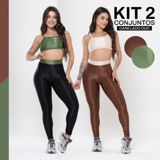 Kit 2 Conjuntos Fitness De Academia Duo Canelado Brilhoso Legging Alta Compressão em Oferta na Shopee