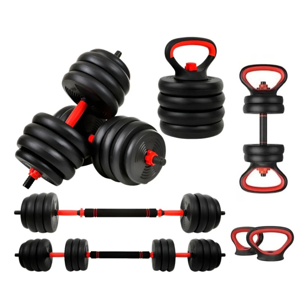 Kit Halteres 6 Em 1 Peso Musculação Academia Até 40kg Ajustável Halter, Kettlebell, Anilha Cor Preto-vermelho Fitnes Pro