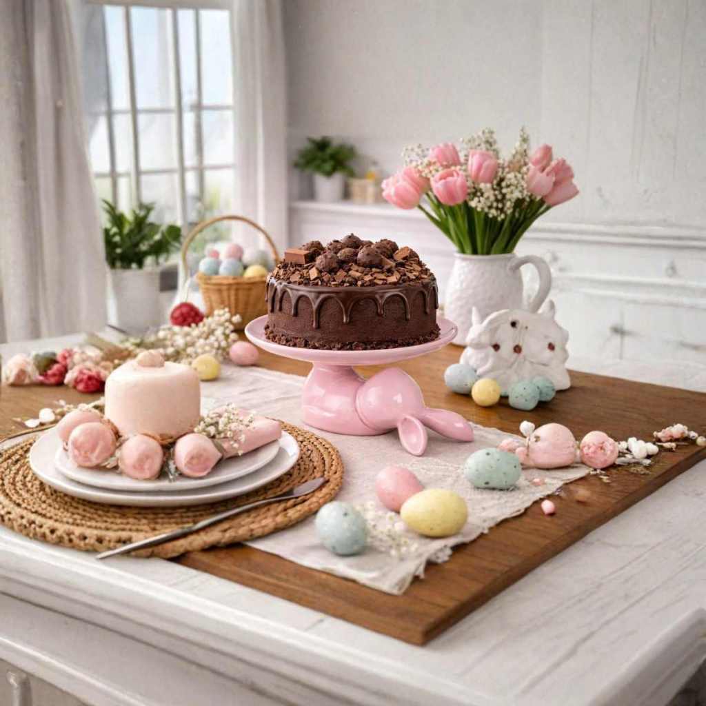 Porta Doces Coelho Rosa em Cerâmica Suporte Boleira Decorativa para Festa Infantil Páscoa Mesa de Doces