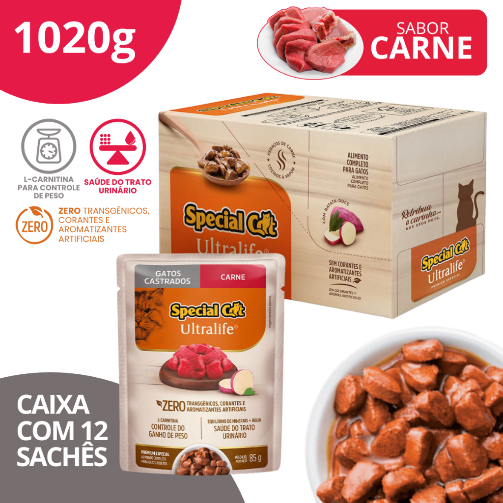 Caixa 12 Sachê Special Cat Ultralife Castrados Sabor Carne 85g