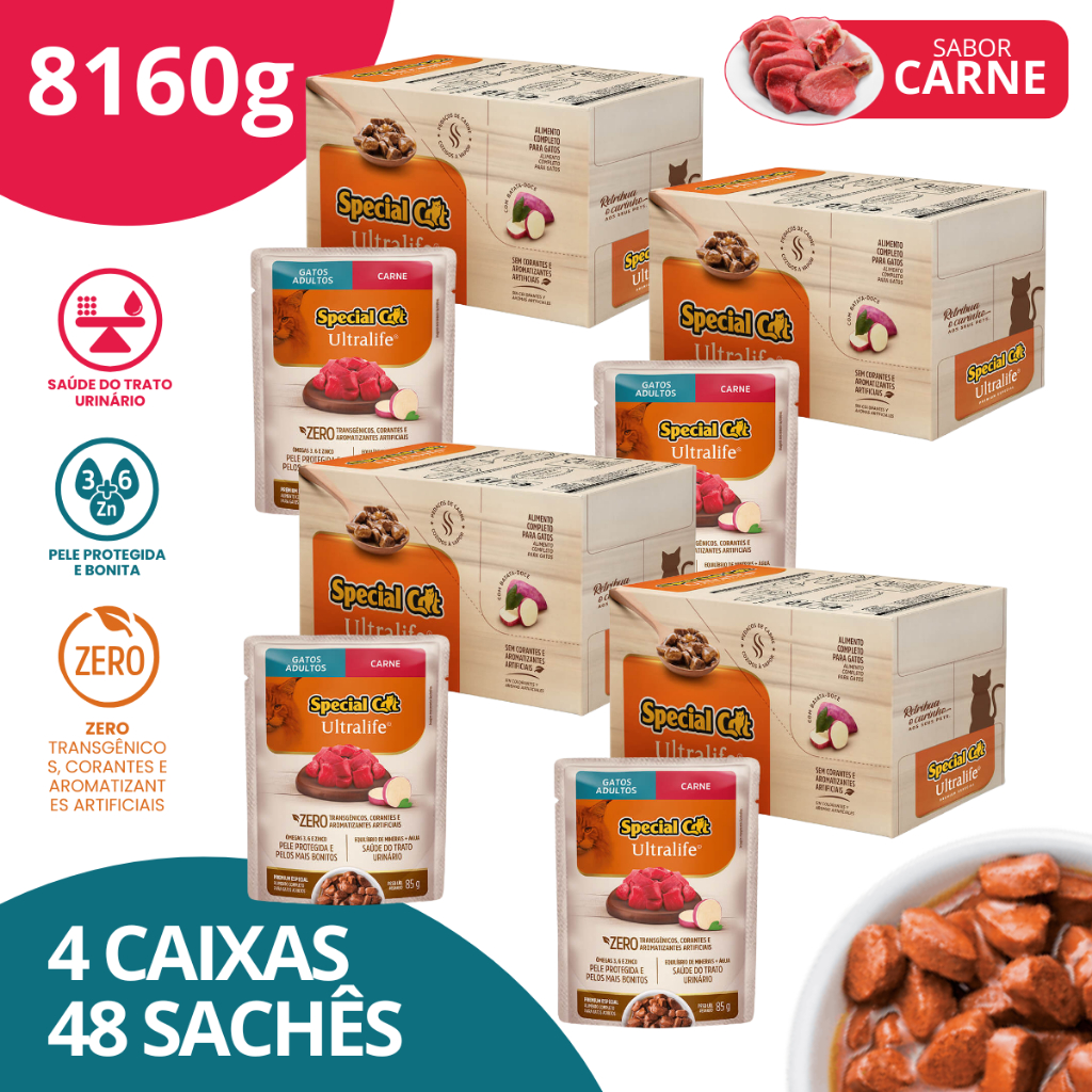 Kit 4 Caixa 12 Special Cat Ultralife Sachê Adultos Sabor Carne - 85g em Oferta na Shopee