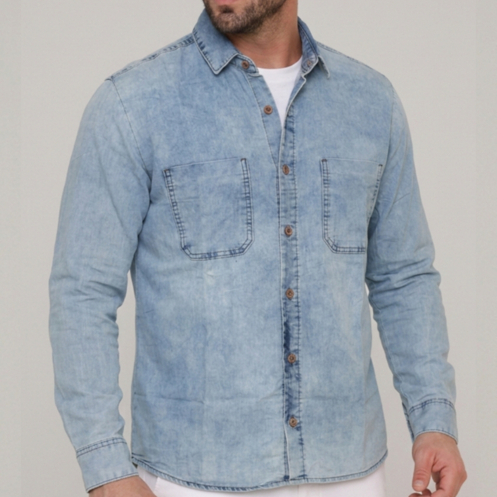 Camisa Jeans Masculina Manga Longa Casual Básica