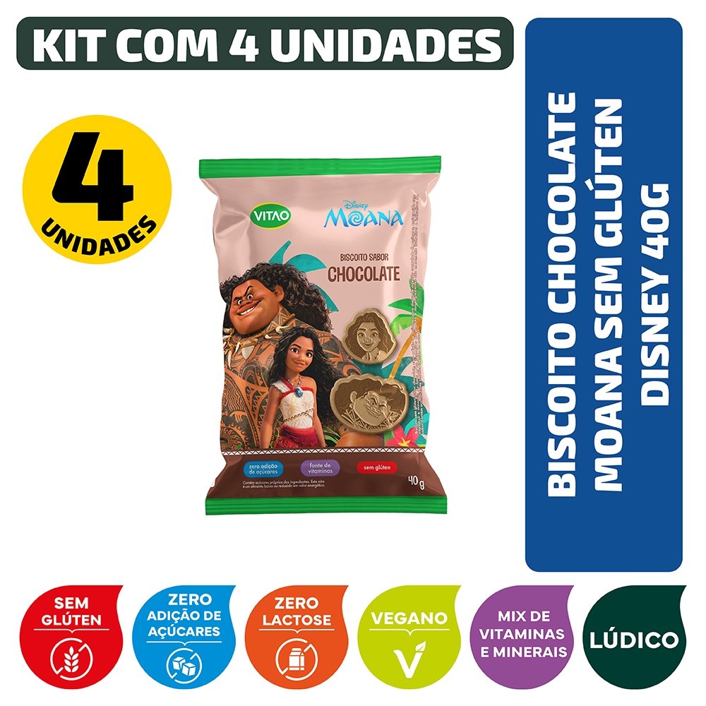 Kit Biscoito Chocolate Moana Sem Glúten Disney 40g - 4 unidades em Oferta na Shopee
