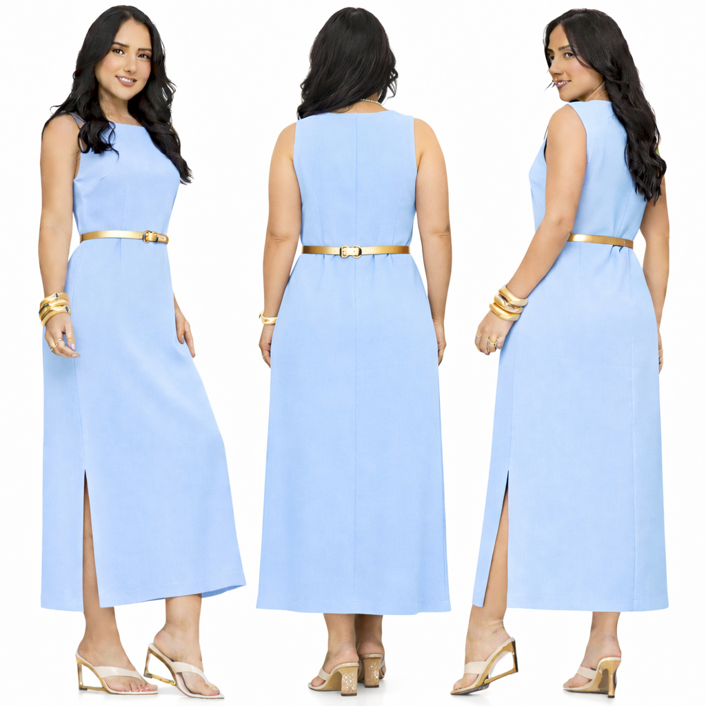 Vestido Regata Feminino Linho Verão com Forro Zíper nas Costas Longo com Fenda Lateral Elegante em Oferta na Shopee