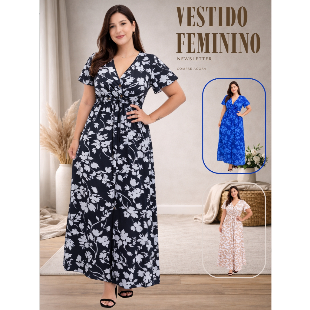 Vestido Longo Comprido Feminino Manguinha Florido Estampado Moda Verão