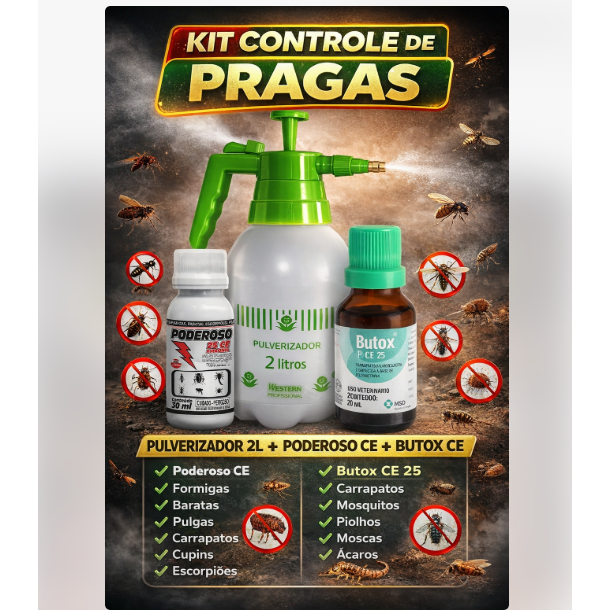 Kit Pulverizador 2L + Poderoso CE + Butox CE 25 para Controle de Pragas e Insetos