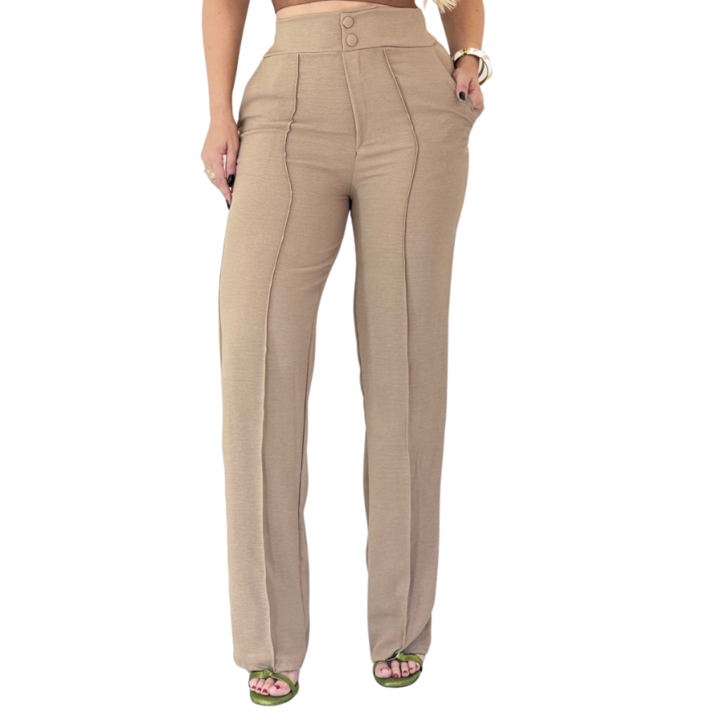 Calça Pantalona Feminina Alfaiataria Cintura Alta Elegante com Botões, Sofisticada e Confortável