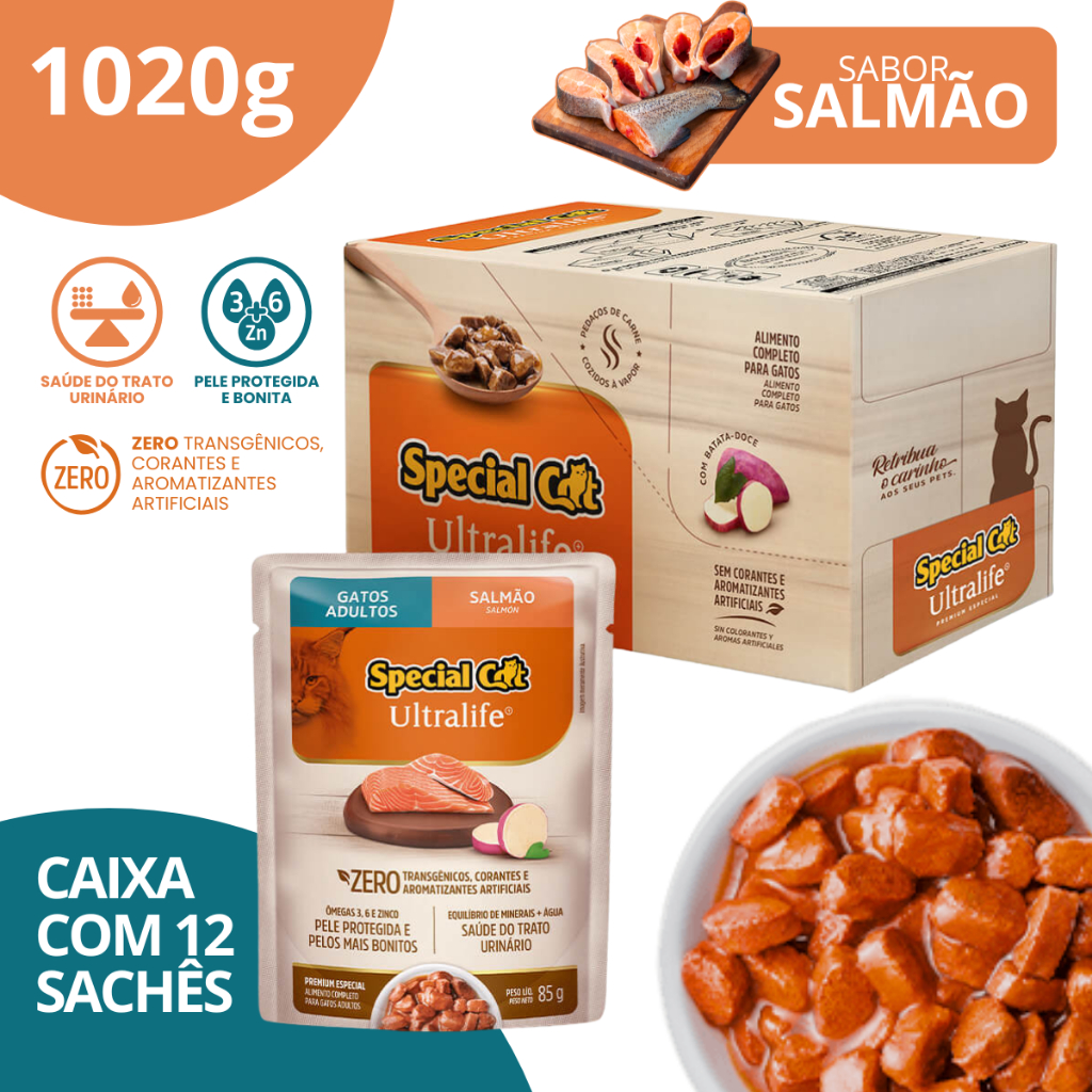 Caixa 12 Sachê Special Cat Ultralife Adultos Sabor Salmão 85g em Oferta na Shopee
