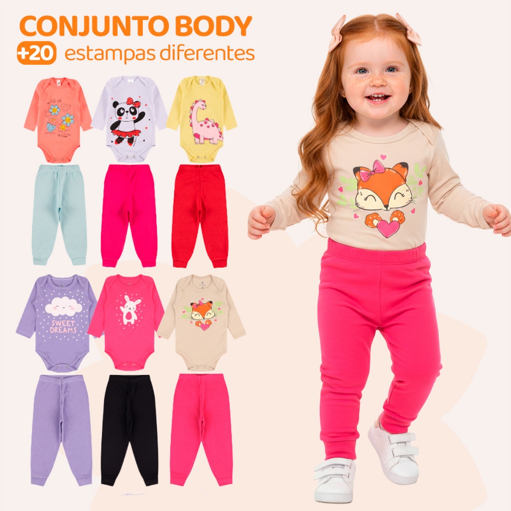 Kit 2 ou 6 Peças de Roupas para Bebê Menina (Body Longo + Calça Mijão) Conjunto Body + Calça Roupa Infantil em Oferta na Shopee