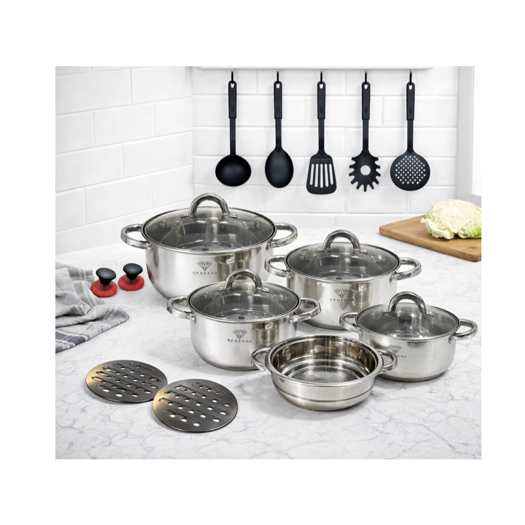 Jogo kit conjunto panela Inox Inoxidavel 19 peças  para fogão de  indução, fogão comum, lava louças