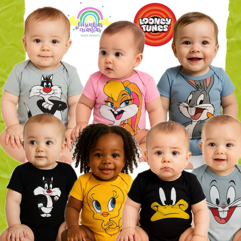 Body bebê Looney Tones, Body Piupiu, Body Frajola, Body Patolino, Body Pernalonga, bodu Lola Bunny temático mesversário