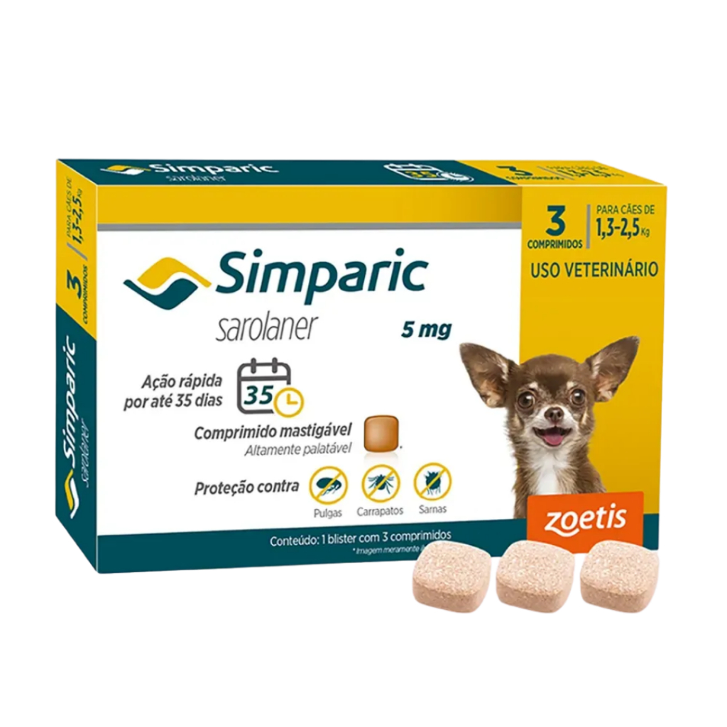 3 Comprimidos Simparic Para Cães 1,3 A 2,5 kg (5 mg) VENC DEZ.26