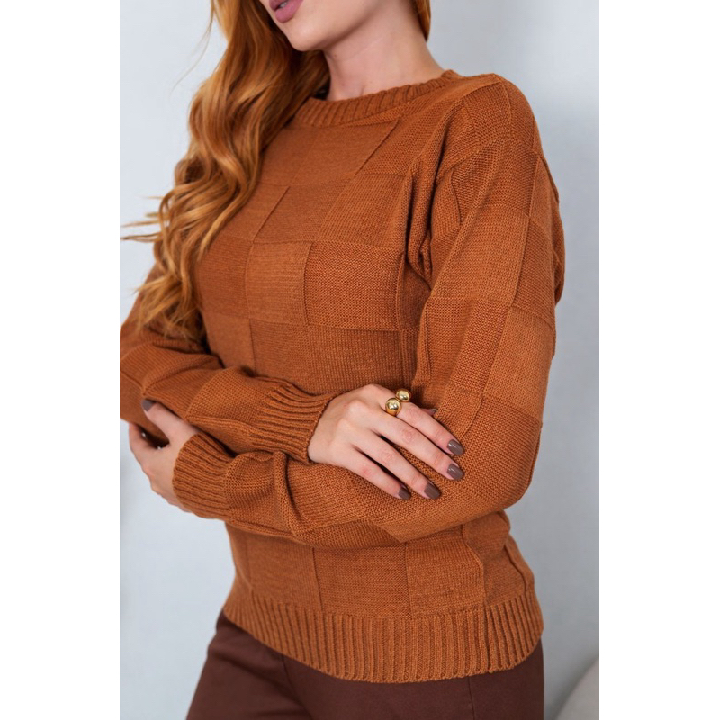 Blusa Feminina Tricô Manga Longa suéter Inverno 2026 Boho Chic Quadrados Elegante tendência frio tricot