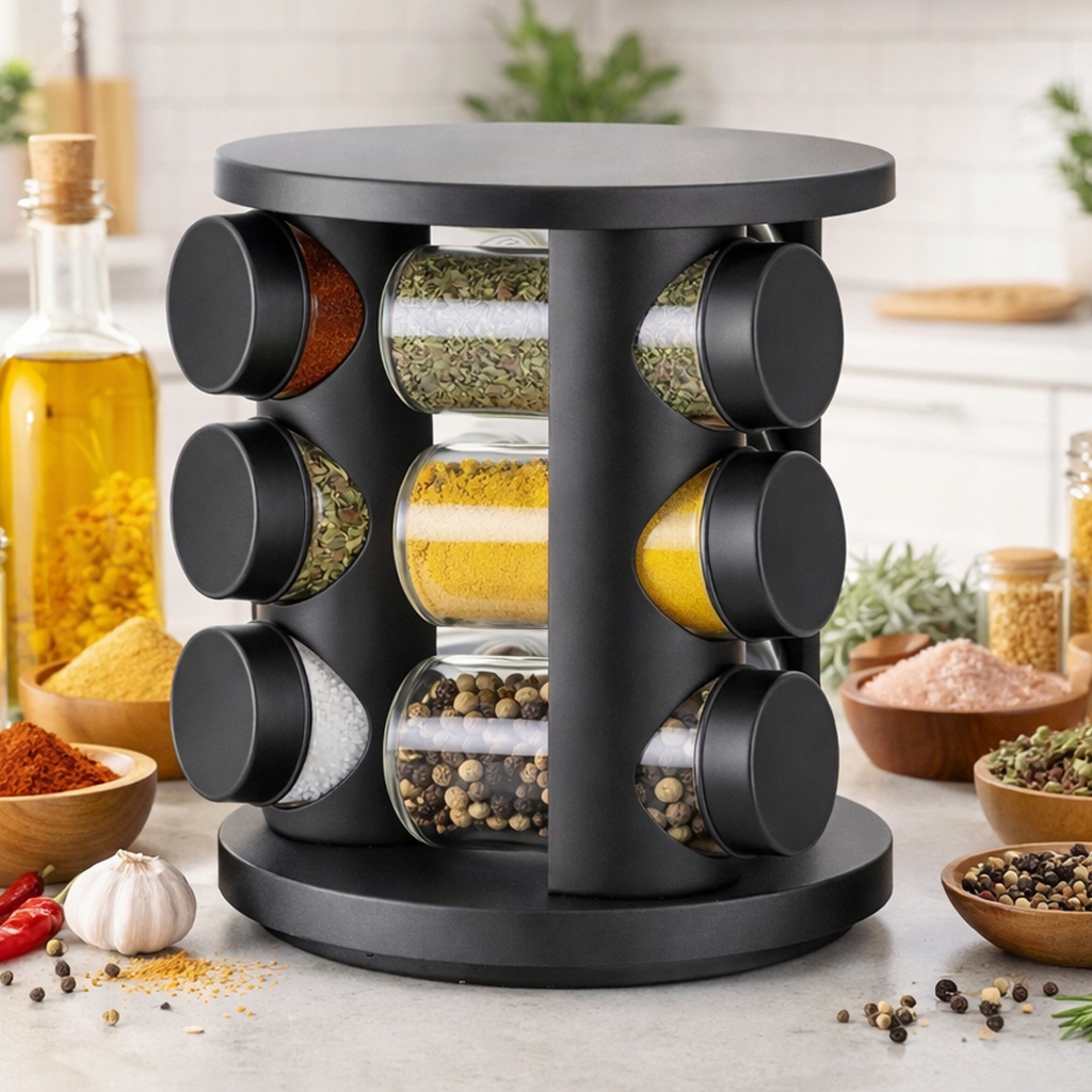 Porta Condimentos Giratório Com 9 Potes de Vidro Tempero Tampa Dosadora Rack Organizador Gira 360°