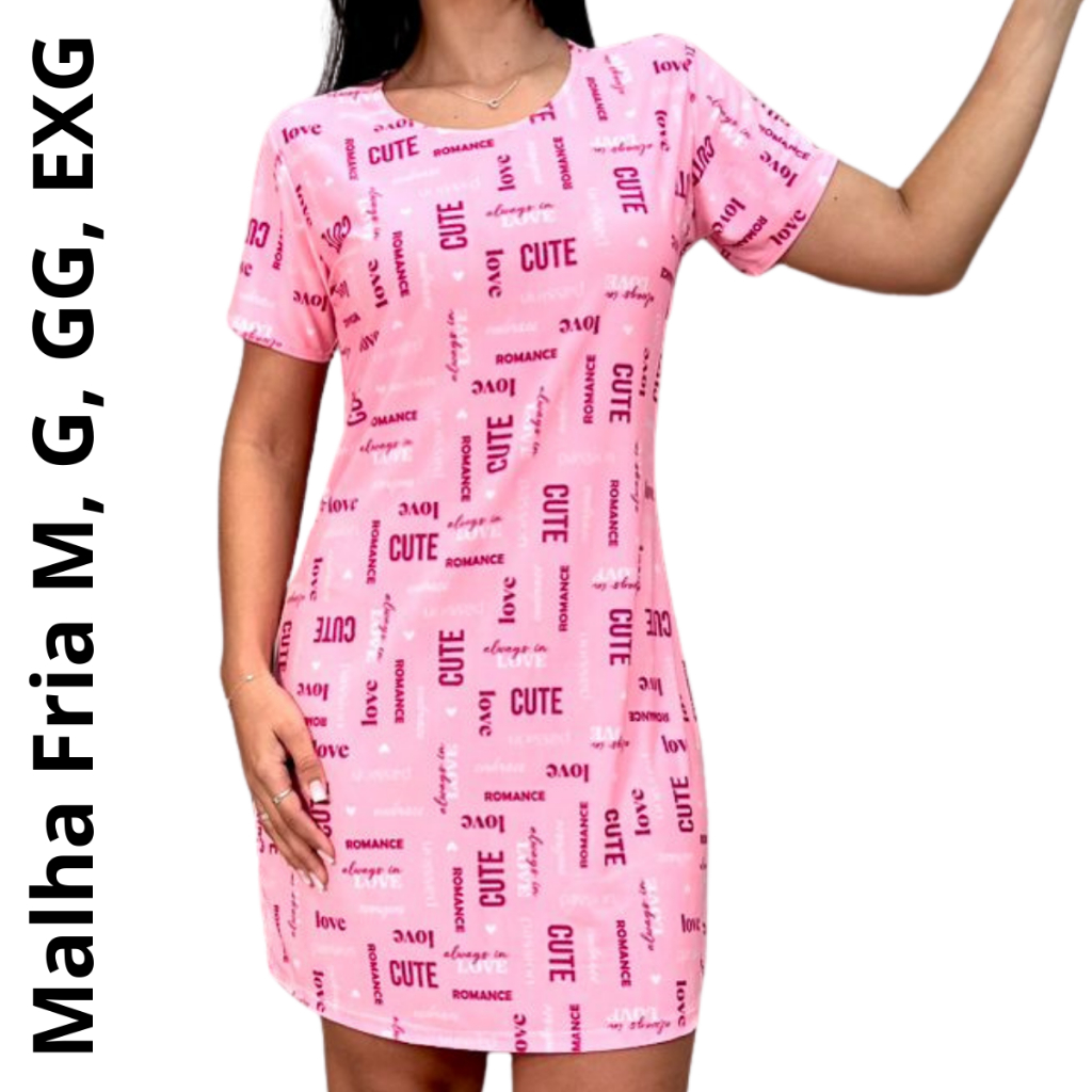 Camisola Feminina Manga Curta Vestido Senhora Dia a Dia Vestidinho de Dormir Linha Noite Malha Estampada Plus Size em Oferta na Shopee