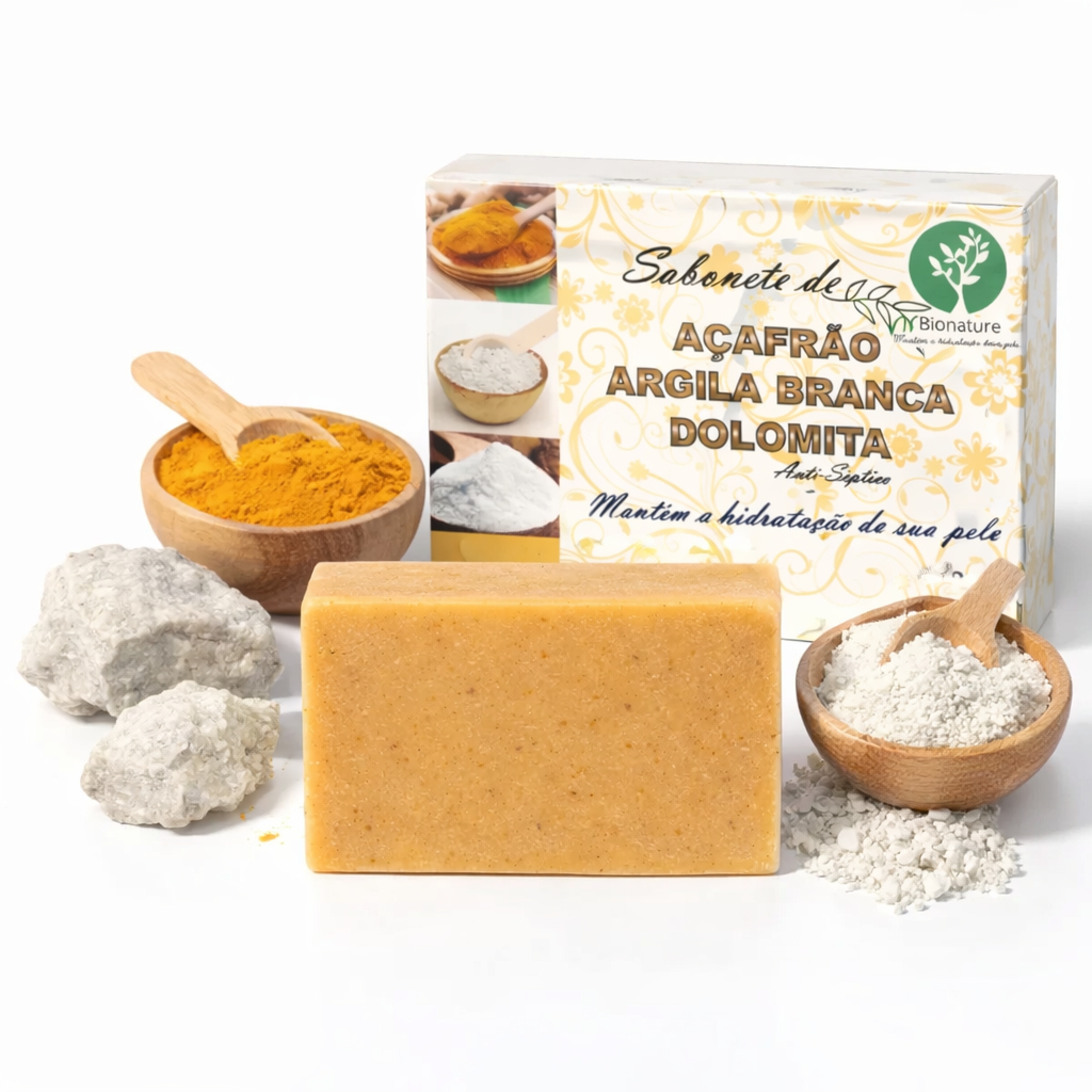 1 Sabonete de Açafrão, Argila Branca e Dolomita – Auxilia na limpeza da pele equilibra a oleosidade