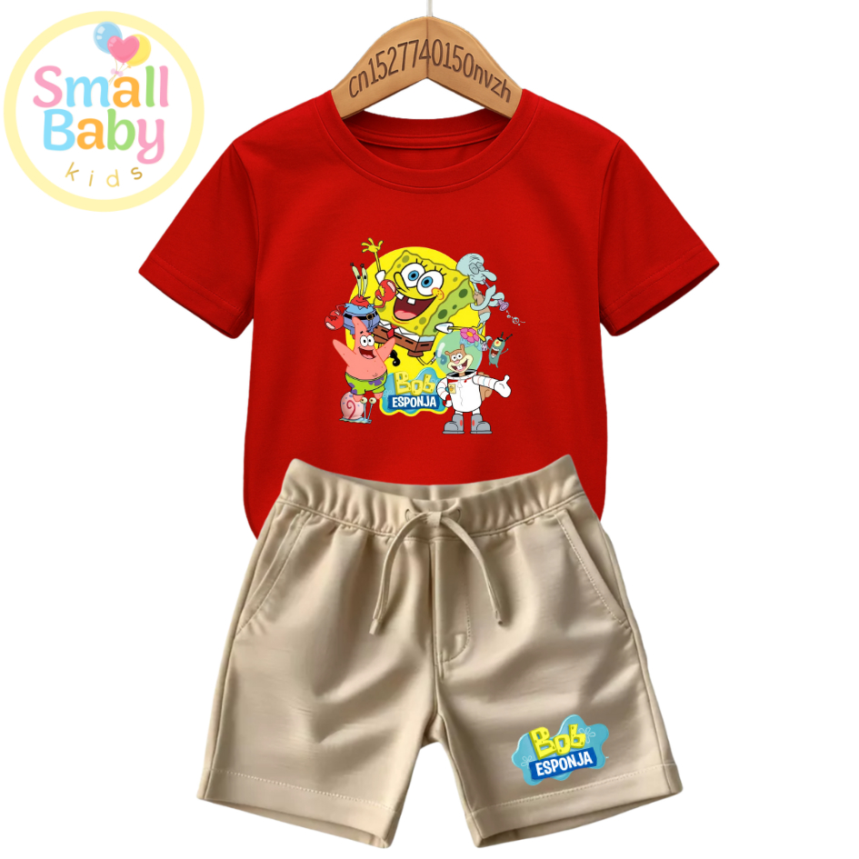 Conjunto Infantil Camiseta e Short Moletinho Bob Esponja Amigos Festa Temática Estampado