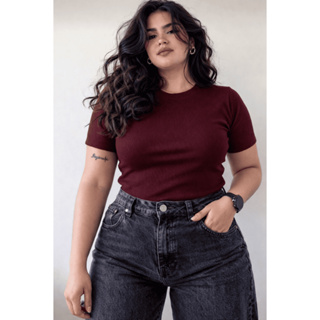 Blusa Básica gola redonda manga curta malha Ribana Canelado Premium Camiseta T-Shirt Moda Gringa casual PLUS SIZE em Oferta na Shopee