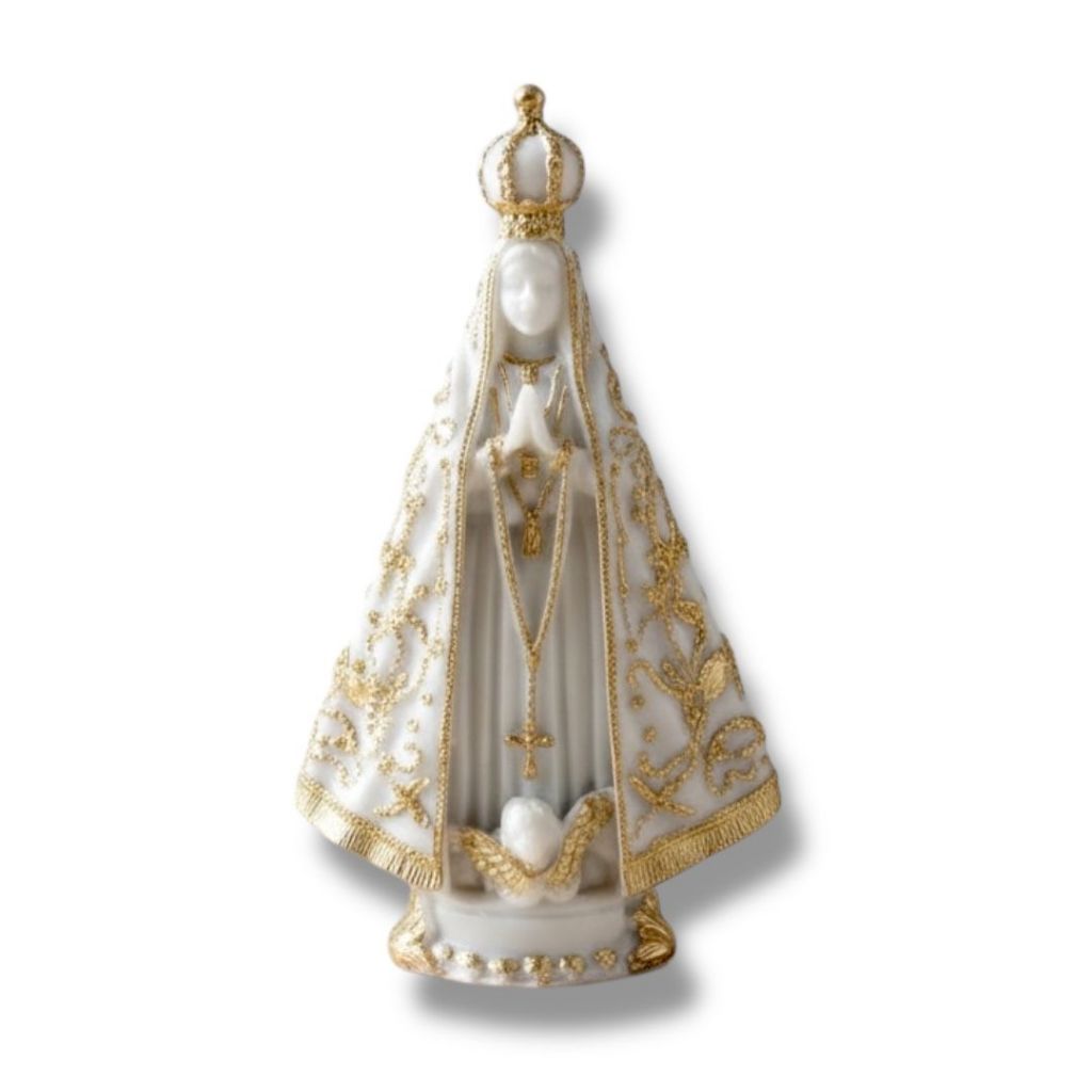 Imagem Nossa Senhora Aparecida Italiana Branca com Dourado Resina 15cm