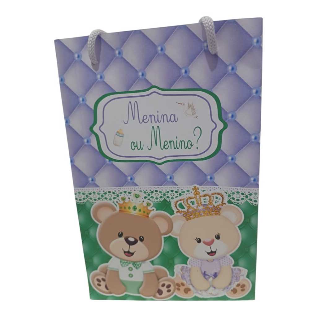 Sacolinha Personalizada com nome 13x20 CHÁ REVELAÇÃO URSINHOS REALEZA verde e  Lilás  Festa Lembrancinha Personalizada