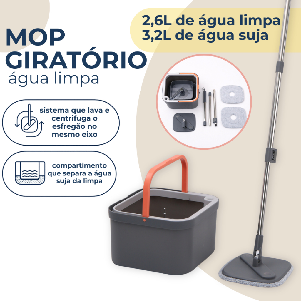 Mop Esfregão Com Refil Microfibra Balde Separa Água Limpa E Suja Interno 2,6L e Externo 3,2L