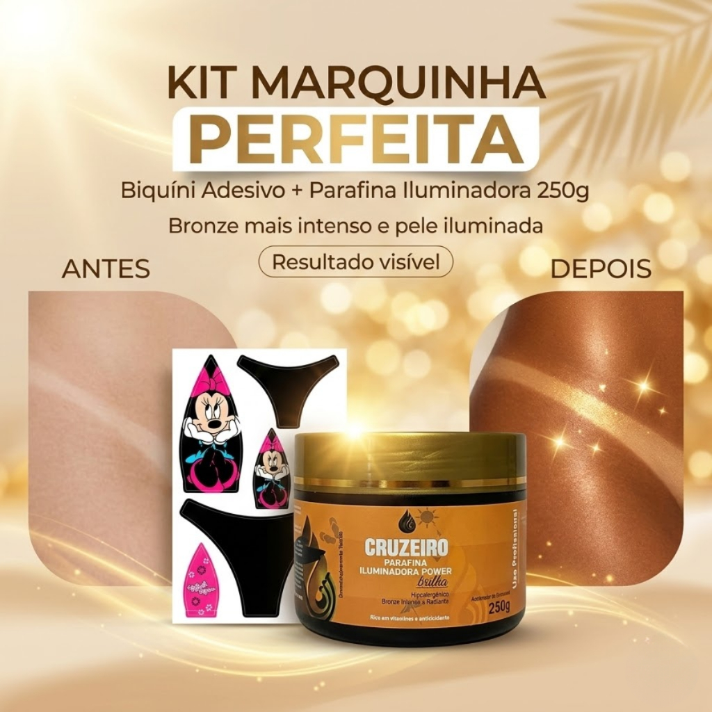 Kit Parafina Iluminadora e Biquíni Adesivo - Bojo + Calcinha + Fita p/ Alças - Bronze ao Sol