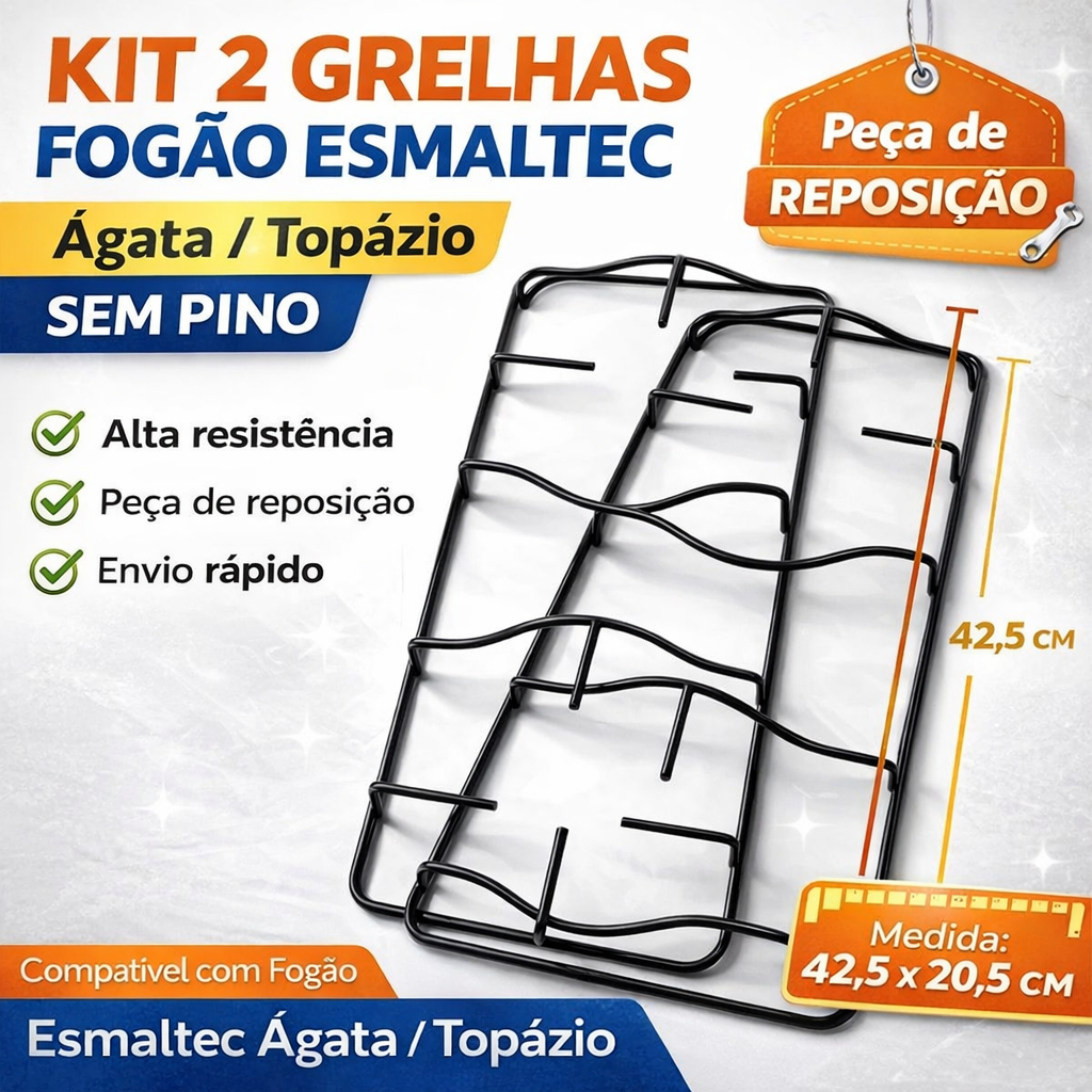 Kit 2 Grelhas Fogão Esmaltec Ágata / Topázio Sem Pino 4 Bocas 42,5x20,5cm Alta Resistência Peça Reposição Envio Rápido