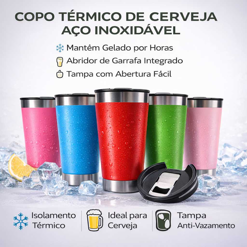 Copo Térmico com Tampa E Abridor 473ml Cerveja Café Inox Beer Cup Gelada Quente Caneca