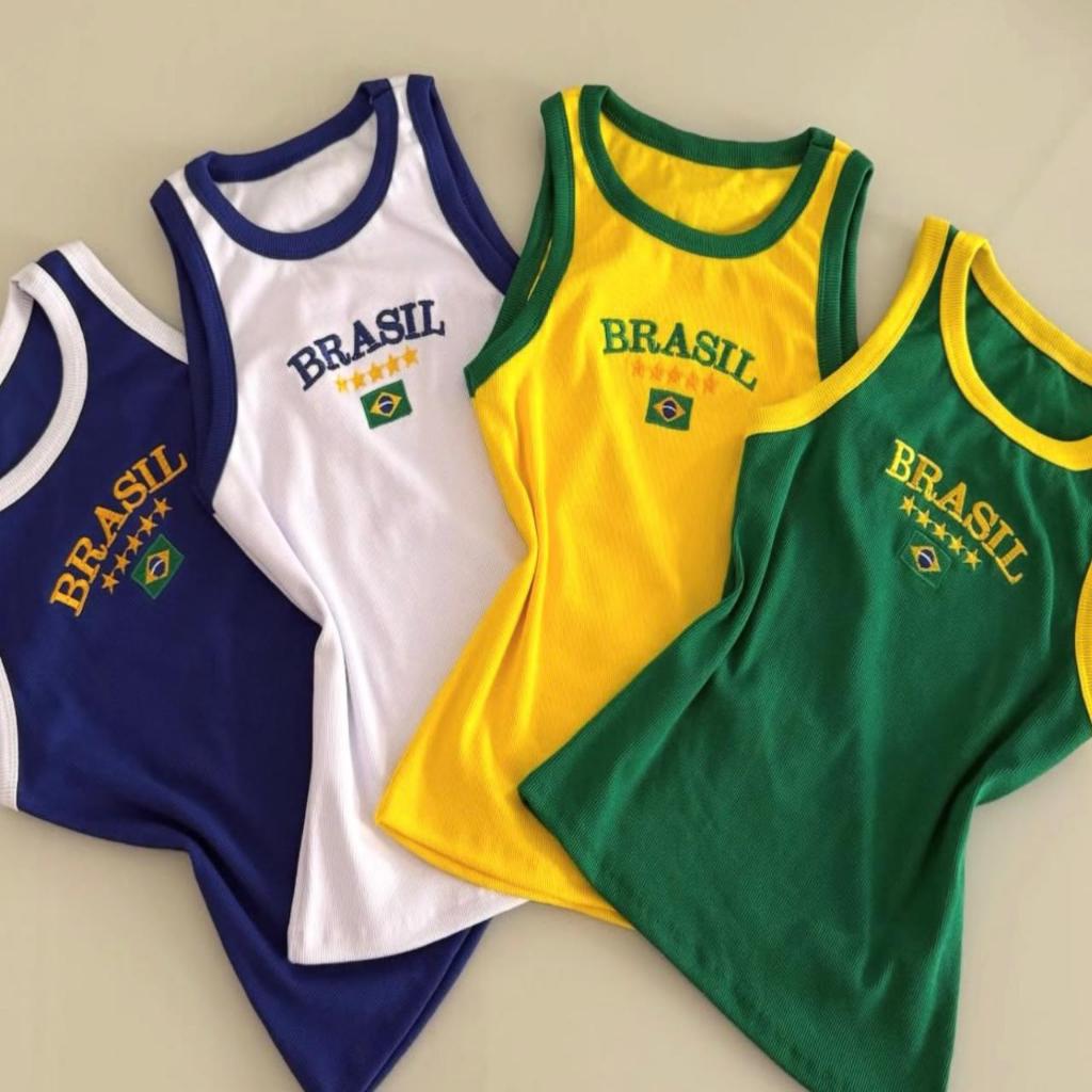 Regata Brasil Feminina Canelada Bordada 🇧🇷 Blusa Brasil Copa Estilo Fitness Moda Verão Casual com Bandeira em Oferta na Shopee