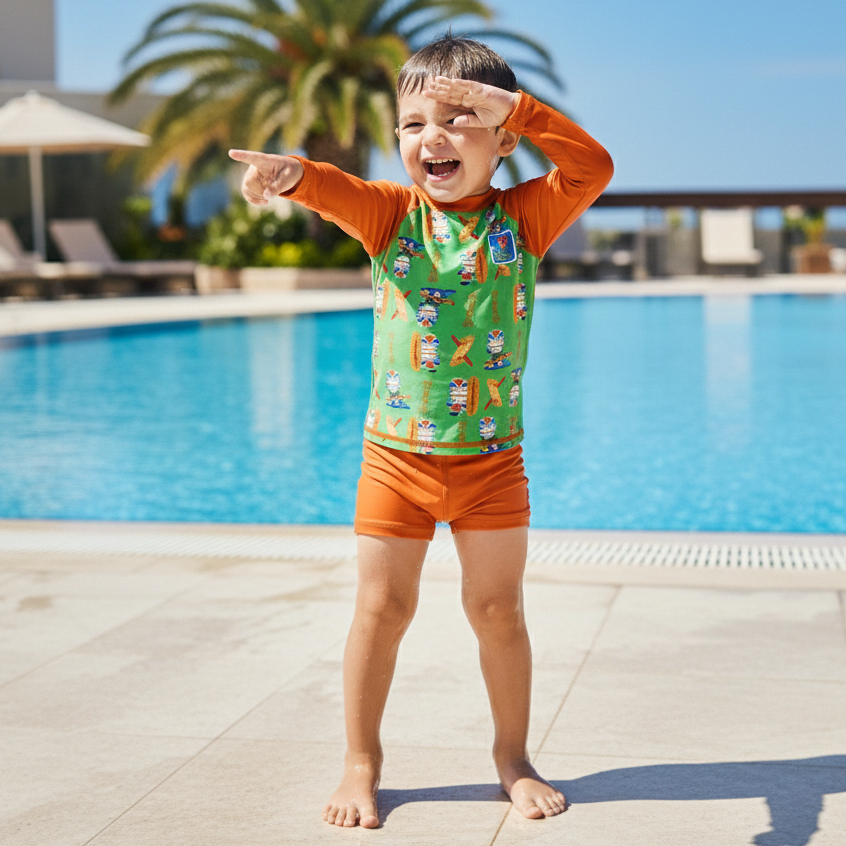 Conjunto Infantil Menino Moda Praia Estampado Proteção UV50+ Manga Longa Solar Piscina Verão