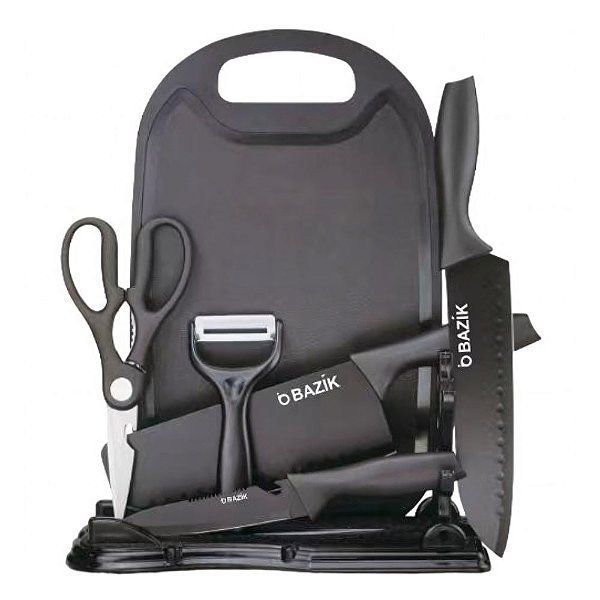 Kit Facas Cozinha Aço Inox 7 Peças + Tábua e Suporte | Jogo Facas Churrasco Cozinha Profissional