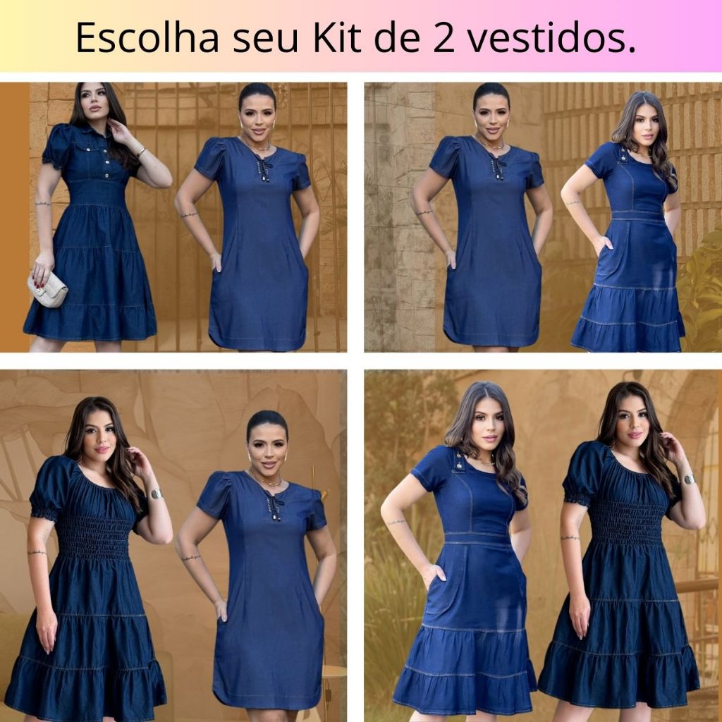 Kit 2 Vestido Jeans Tencel Elastano Justo Botão Tubinho Modelo Evangelica Gola Manga Curta Dia Mães em Oferta na Shopee