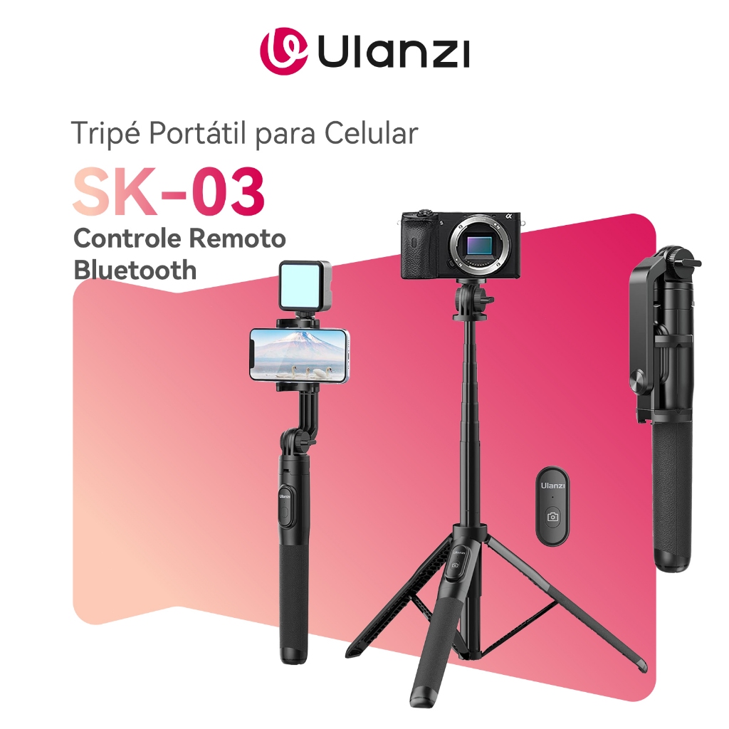 ULANZI SK-03 Tripé Bastão de Selfie 162cm, para Smartphone com Controle Remoto Bluetooth, Rotaç