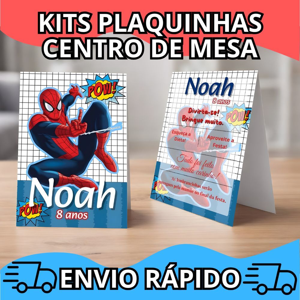 CENTRO DE MESA INFANTIL HOMEM ARANHA | PLAQUINHA PERSONALIZADA 10x14 KITS DE 12 A 50 UNIDADES