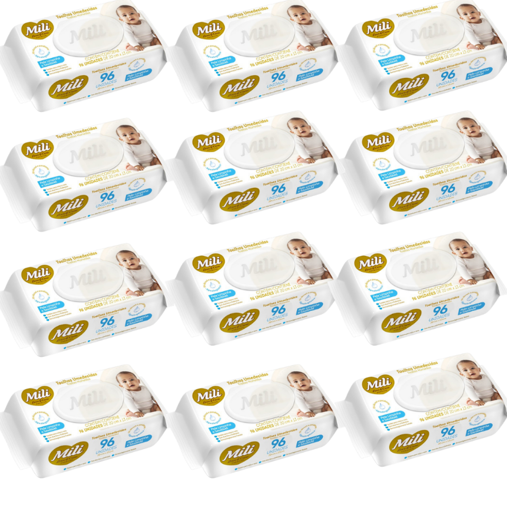 Kit Lenços Umedecidos Toalha Bebê Mili Love&care Premium Pacote 96 Unid (12 x96) Promoção