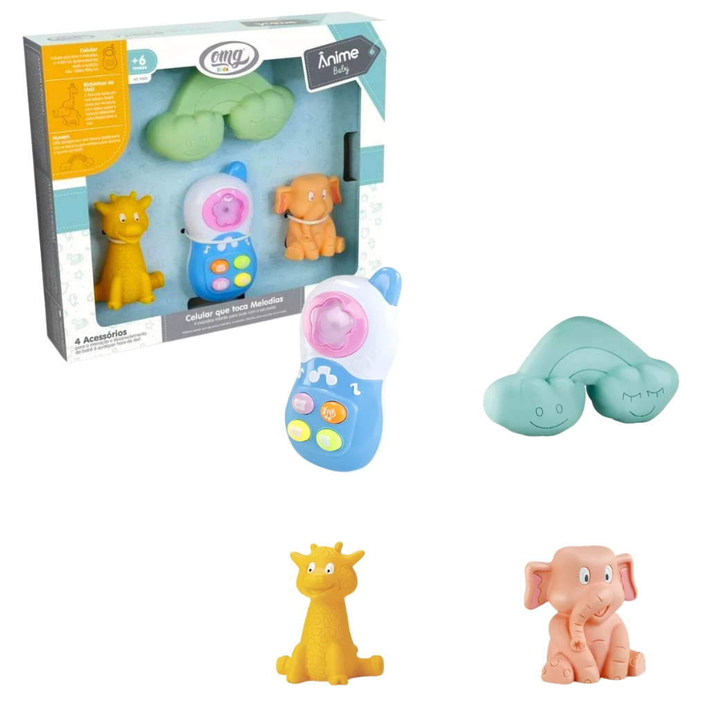 Kit 2 Mordedores em Vinil e Nuvem P/ Grudar + Celular C/ Botões Interativos e Melodias Infantil Para Crianças Bebês Omg
