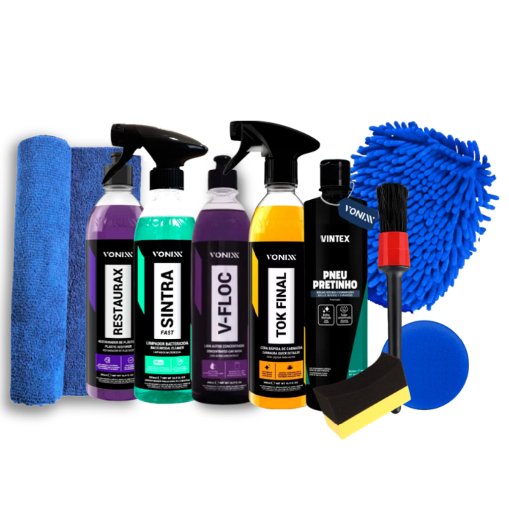 Kit Lavagem Shampoo V-Floc  Cera Tok Final Sintra Fast Restaurax Pneu Pretinho Vonixx