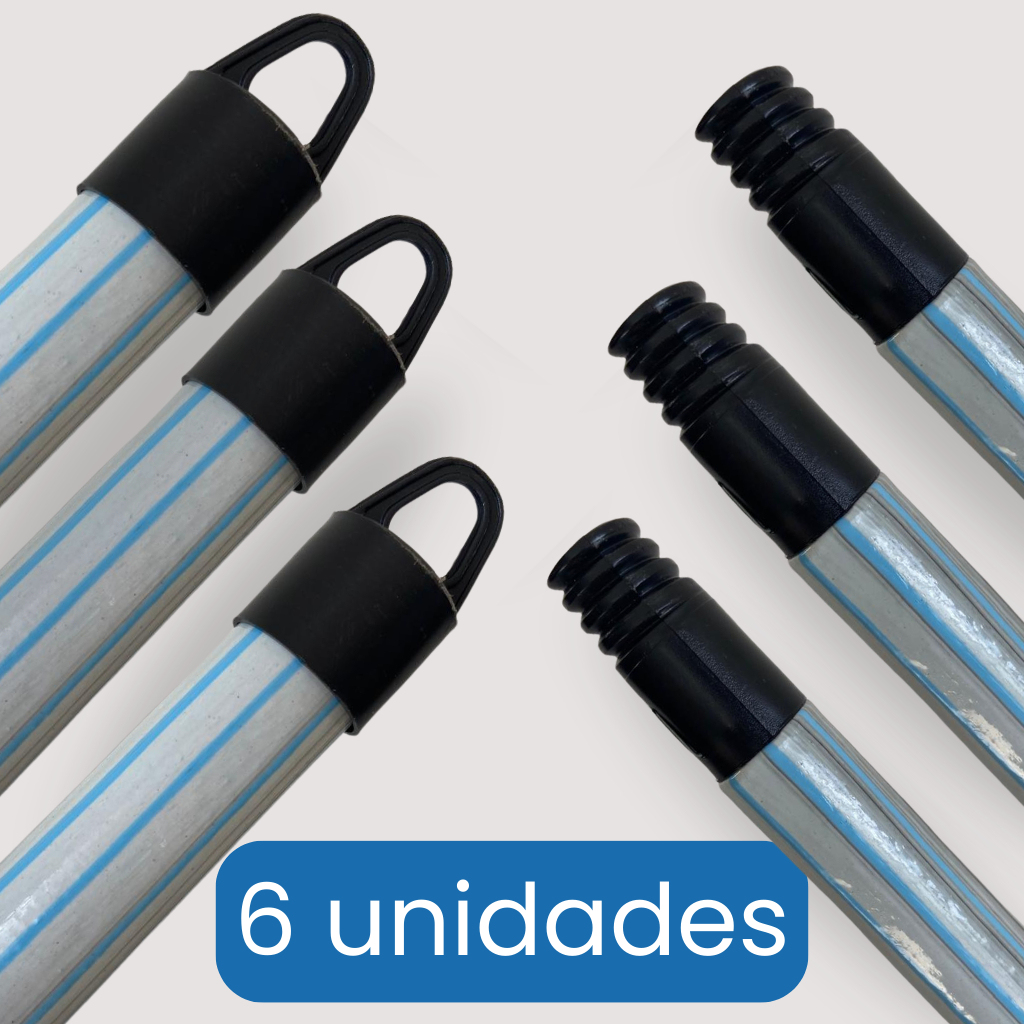 Kit 6 Unidades Cabo de Vassoura e Rodos 1,20cm Plastificados com Rosca e Ponteira de Pendurar