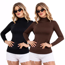 KIT 2 - Cacharrel Feminina - Blusa Cacharrel de Manga Longa - Cacharrel Lisa de Gola Alta