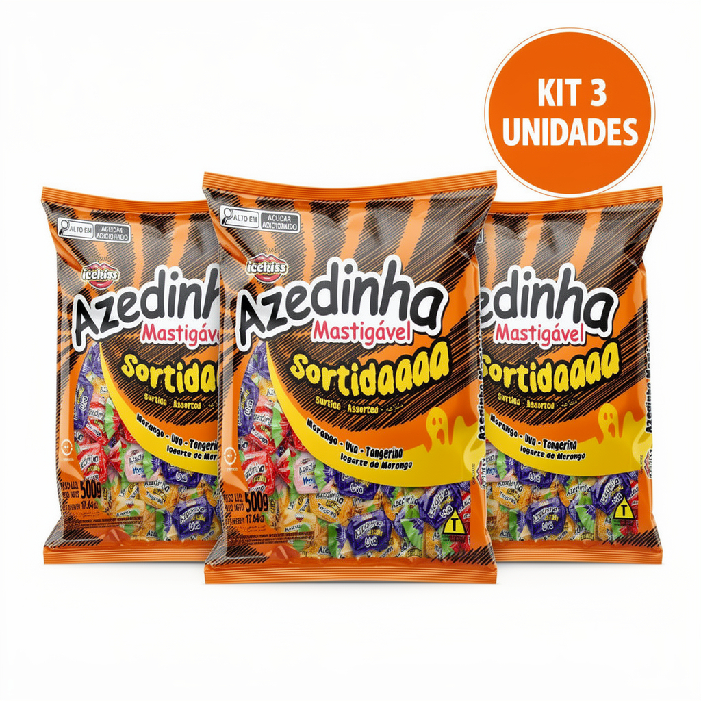 Kit 3 Pacotes Bala Azedinha Mastigável Sortida Icekiss 500g