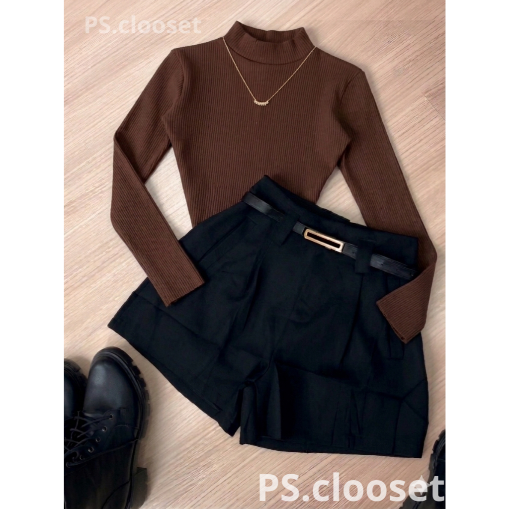 Conjunto Moda Feminina um BODY Bory Manga Longa Suplex + Short PRETO Alfaiataria com Cinto FIINO Tendência Blogueira2026