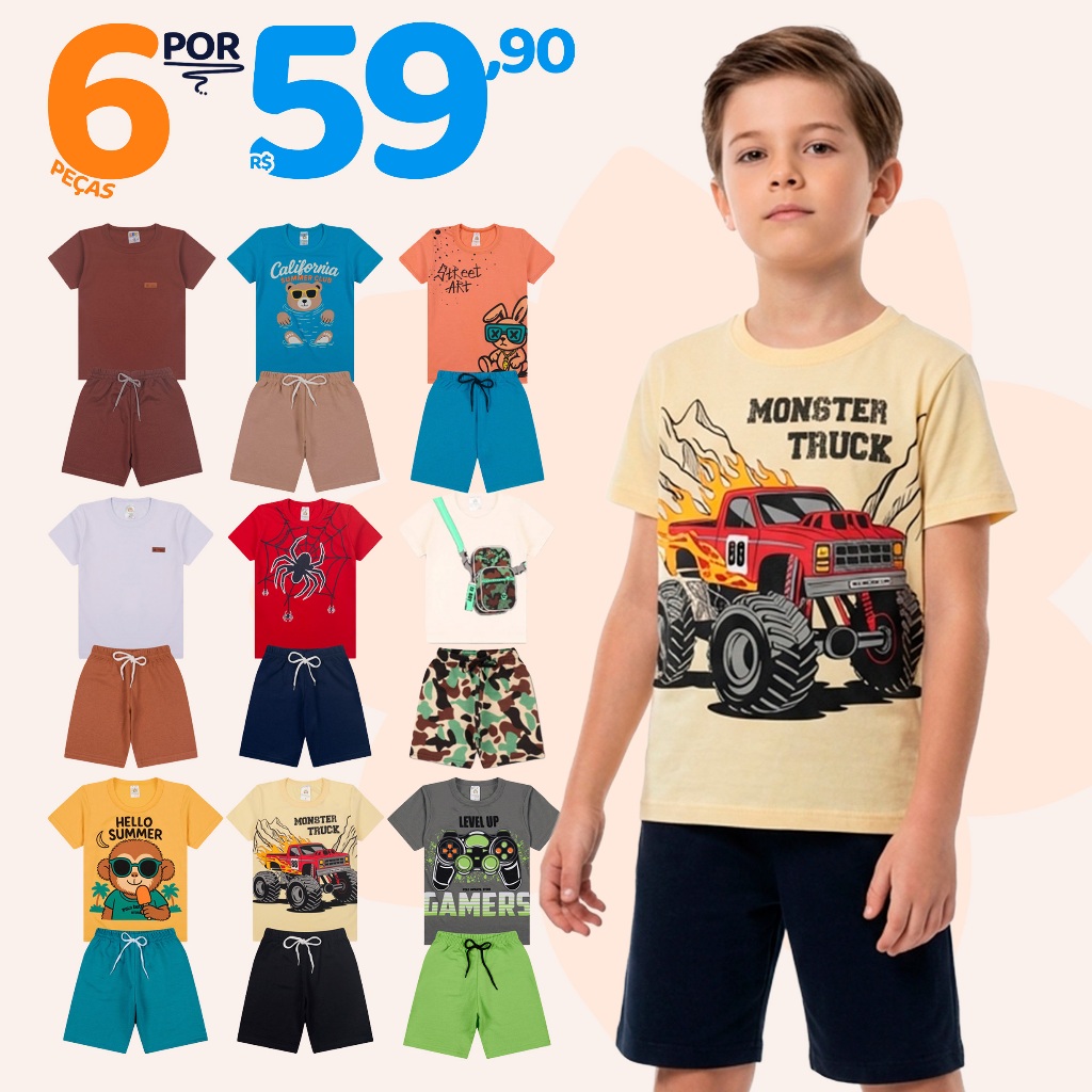 Kit Sortido 6 Peças de Roupas Infantil Menino 3 Camisetas + 3 Bermudas - Kit com 3 Conjuntos Infantil Verão Menino Bebê