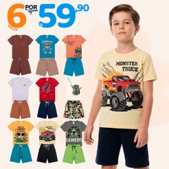 Kit Sortido 6 Peças de Roupas Infantil Menino 3 Camisetas + 3 Bermudas - Kit com 3 Conjuntos Infantil Verão Menino Bebê