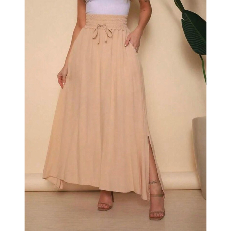 SAIA LONGA VISCOLINHO FEMININA COM BOLSOS COM FENDA LATERAL MODA EVANGÉLICA FORRADA MODA CASUAL CINTURA ALTA
