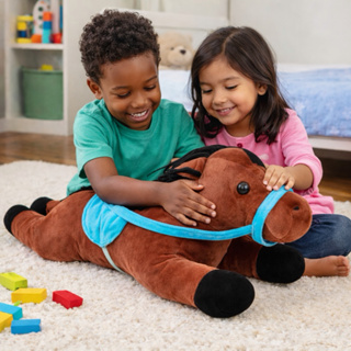 Cavalo de brinquedo bicho de pelúcia com sela decoração de festa 70cm em Oferta na Shopee