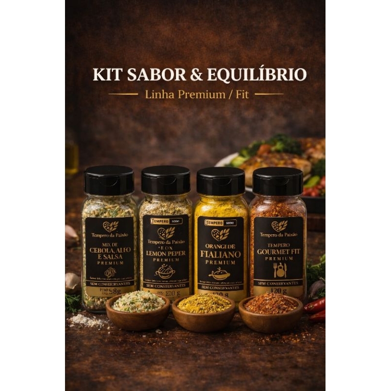 Kit Temperos Premium Fit 4 Unidades | Lemon Pepper + Orange Pepper + Mix Cebola Alho Salsa + Tempero Gourmet Fit
