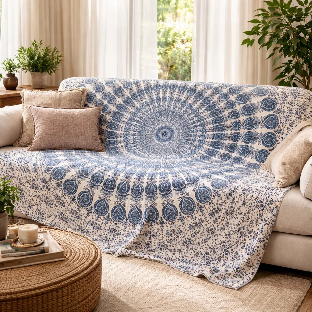 Colcha Casal Mandala Indiana Branca Cobre Leito Manta Para Sofa 2,30x2,10